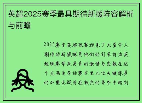 英超2025赛季最具期待新援阵容解析与前瞻