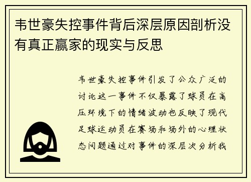 韦世豪失控事件背后深层原因剖析没有真正赢家的现实与反思