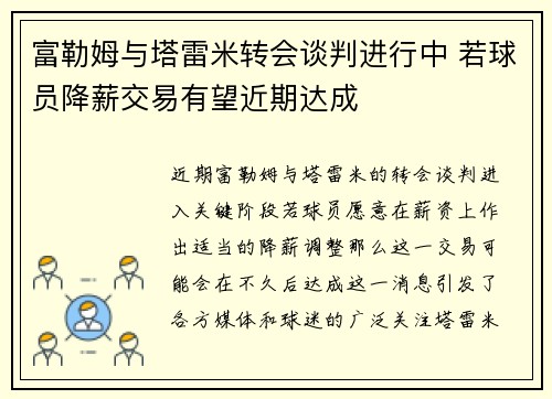 富勒姆与塔雷米转会谈判进行中 若球员降薪交易有望近期达成