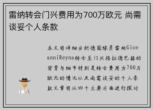 雷纳转会门兴费用为700万欧元 尚需谈妥个人条款